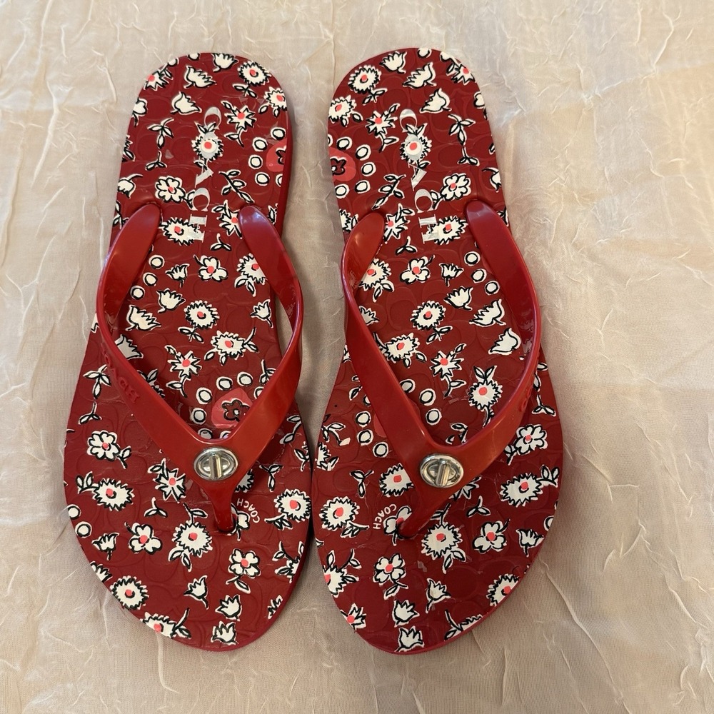 Coach Abbigail Flip Flops Red Floral Print Turnlock Rubber Sandals 5/6